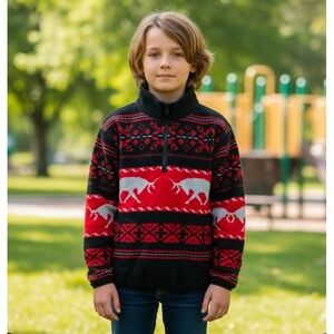 Polo Ralph Lauren Fleece Quarter Zip Pullover Sweater Large 12 14 Red Black Elk